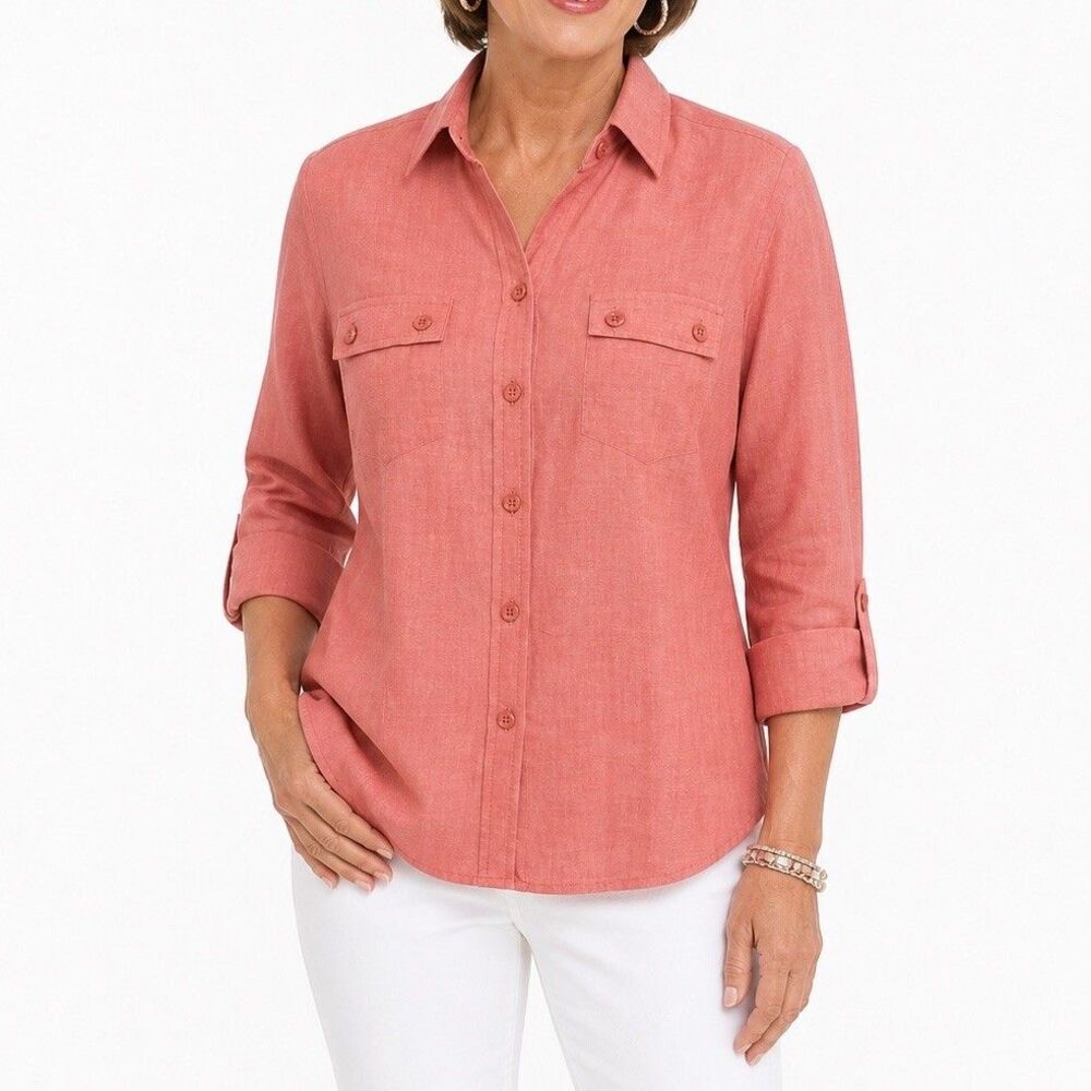 CHICO'S Coral Pink Button Down Shirt US Sz 4 Cotton Roll Tab Sleeve Utility